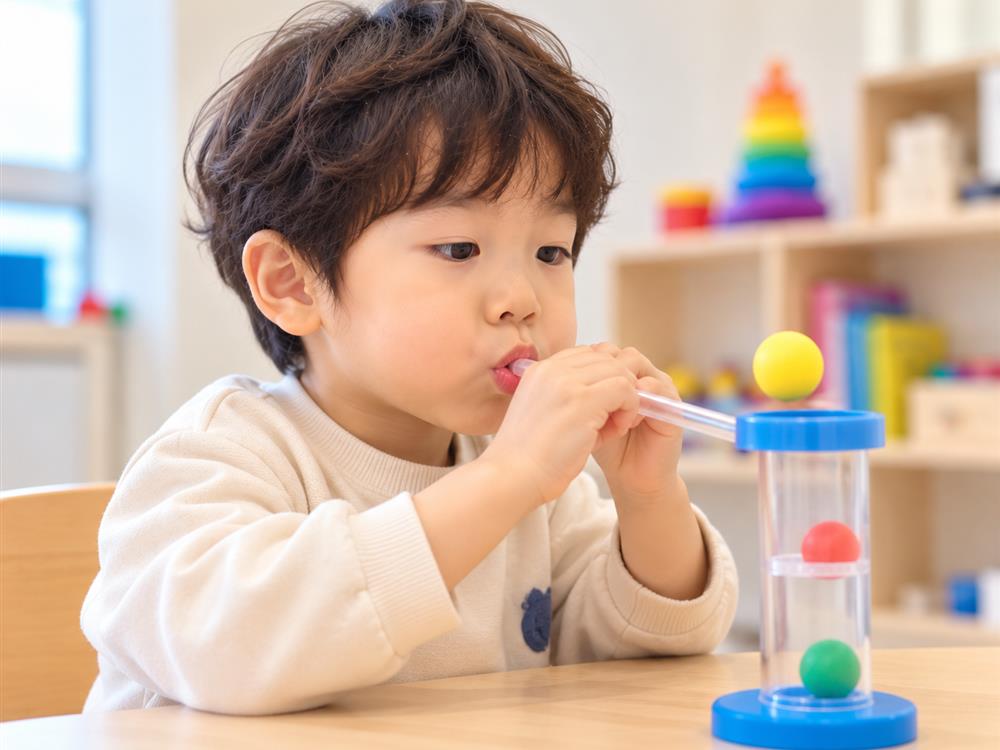 열매아동발달연구소 위례점에서 아이가 빨대로 바람을 불어 공을 띄우며 호흡과 입술 힘을 기르는 구강기능재활 모습